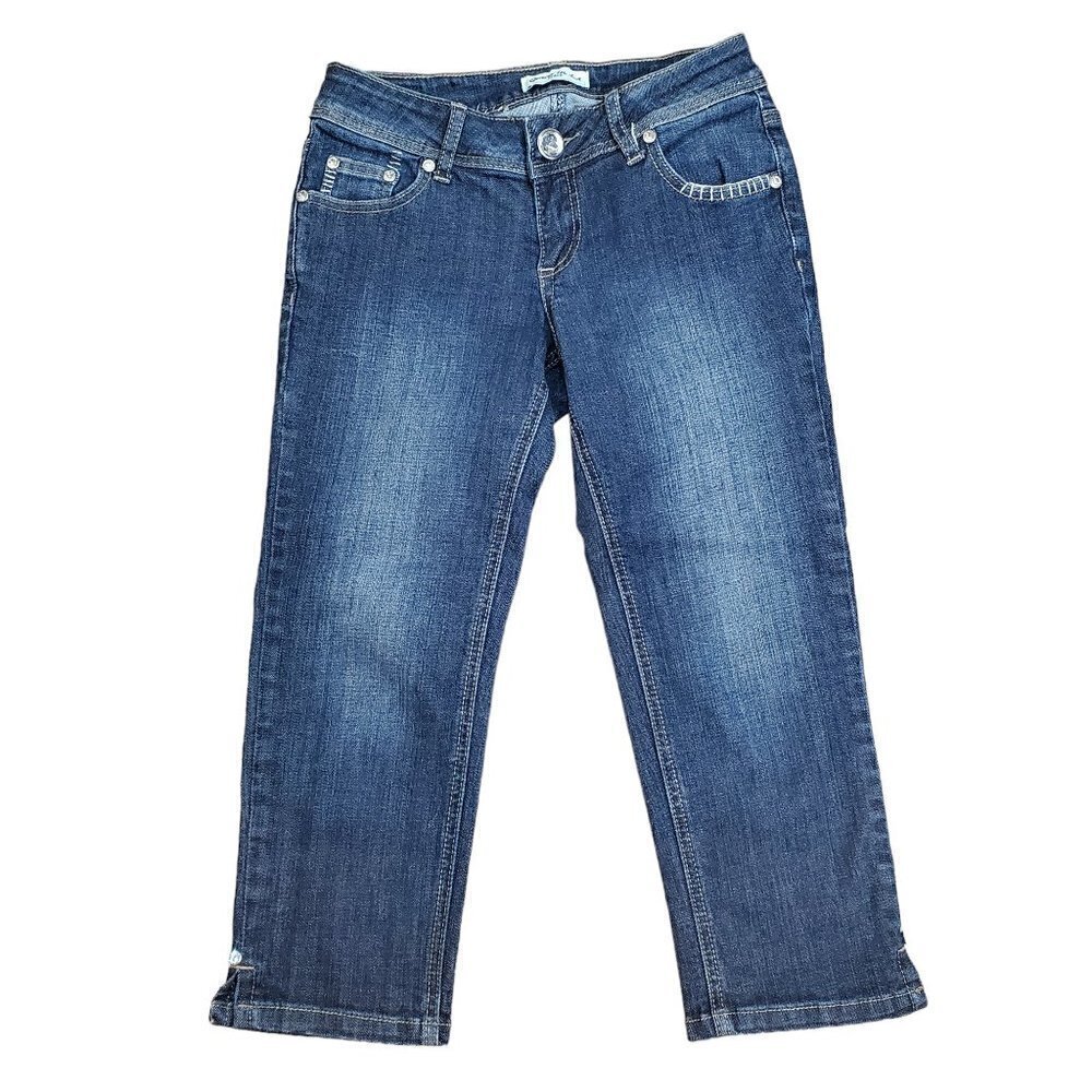 Grace in‎ LA USA Capri Jeans Womens Blue Denim Rhinestone Flap Pockets Size 3
